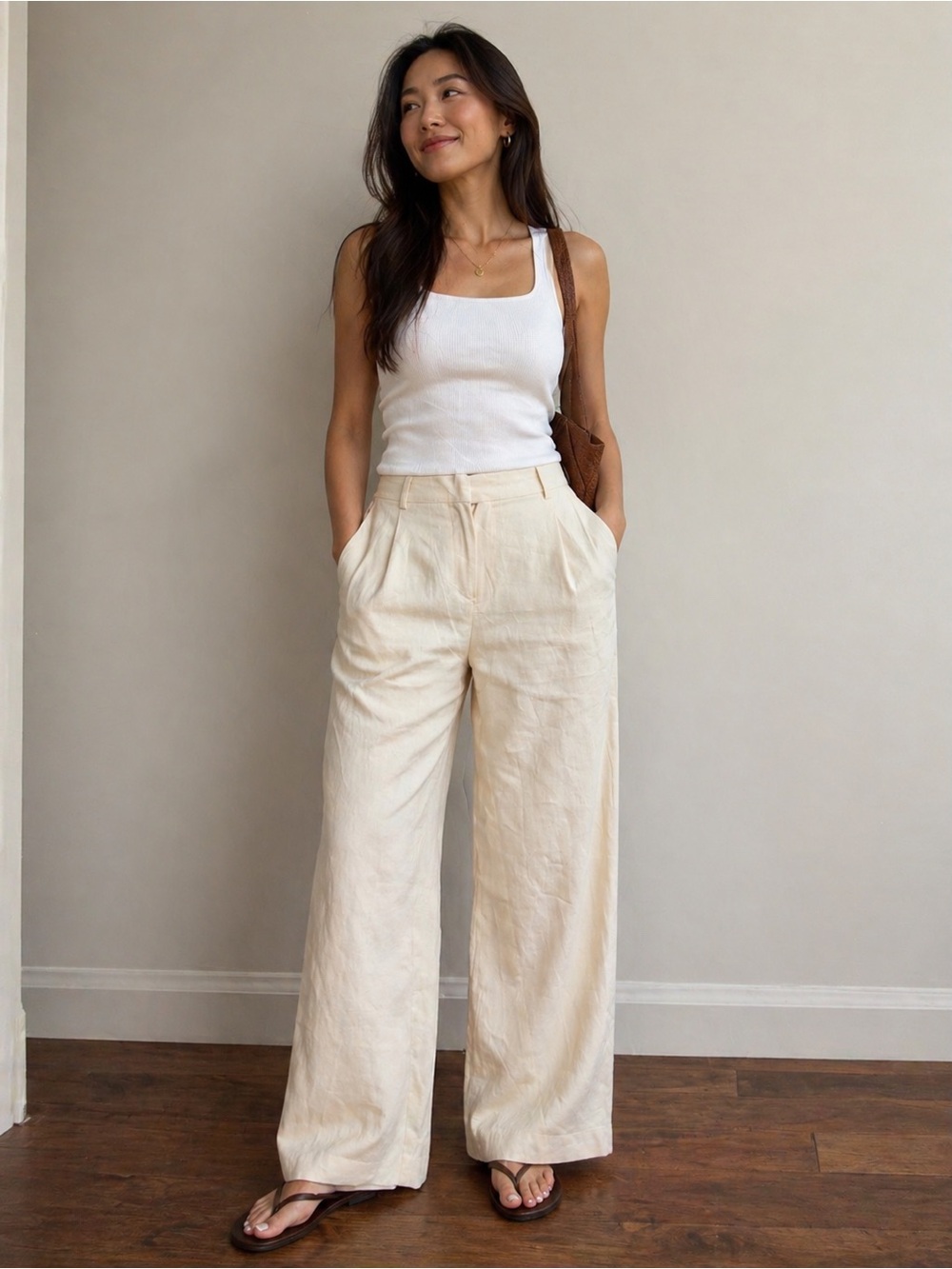 Zara Wide-Leg Linen-Blend Pants in Cream